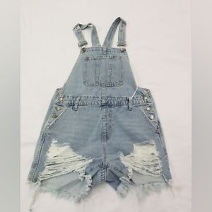 Nature denim cut off distressed shortalls